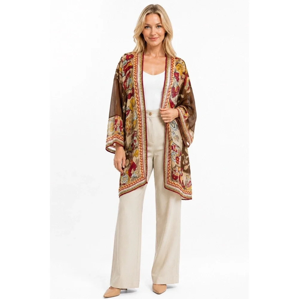 Vtg Sheer Kimono‎ Cardigan Perfume Print Boho Chic Open Front Duster Topper Glam